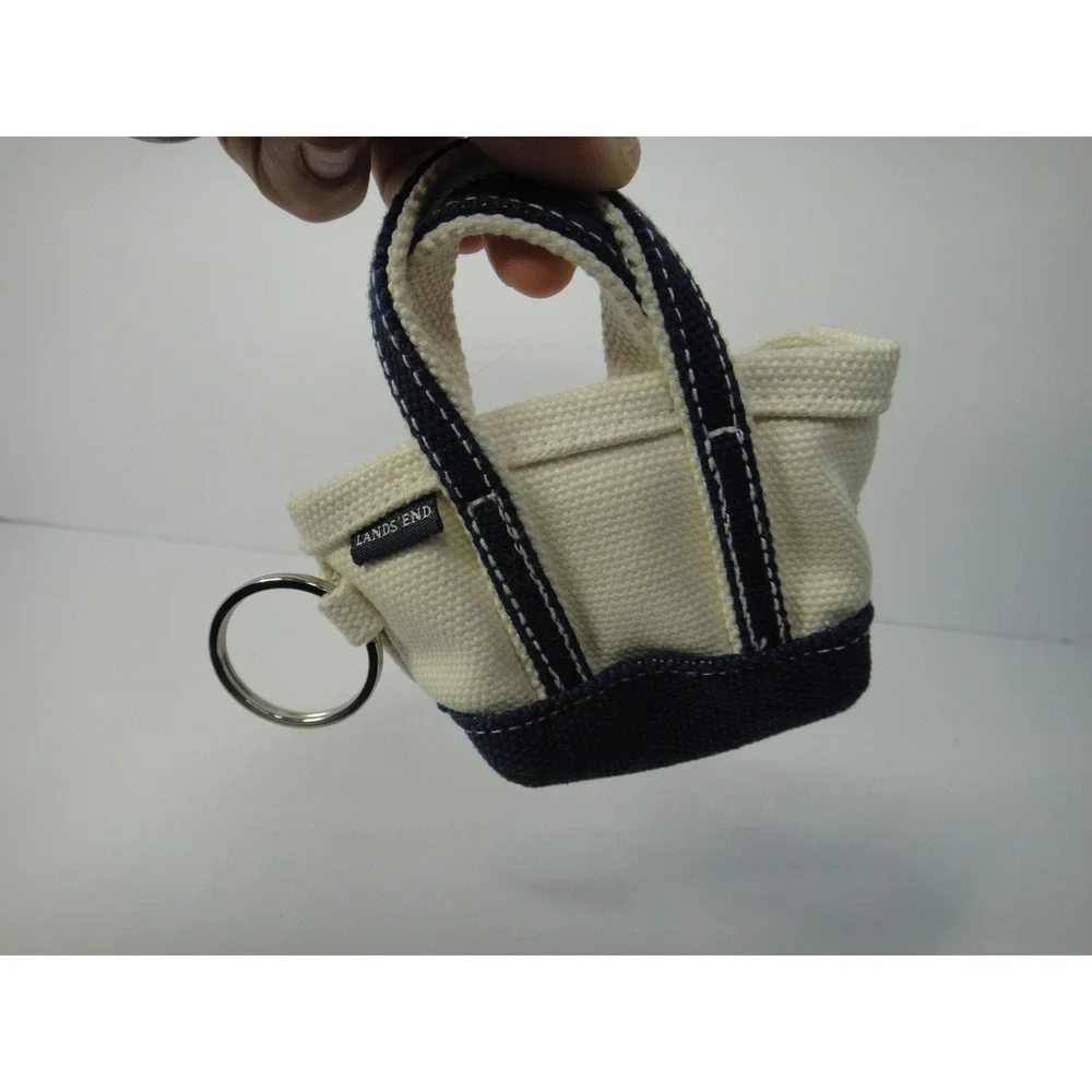 Lands End Mini Canvas Tote Bag Keychain Navy Blue Cream Nautical Bag Charm EUC